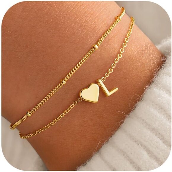 Heart Initial Gold Bracelets Dainty Layered Adjustable Beaded Jewelry - Picture 1 of 7
